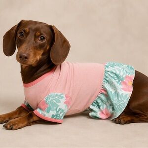Light Pink & Mint Tropical Floral Printed Doggy Casual Onesie In Size X-Small